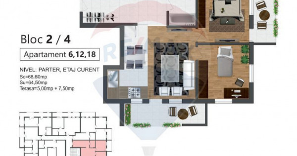 Apartament cu 3 camere de vânzare, 64.5mp utili + 11,6 m...