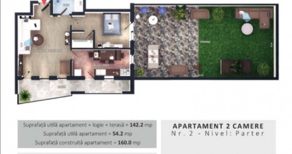 Apartament cu 2 camere 54,2 mp si terasa de 75mp, zona Vivo