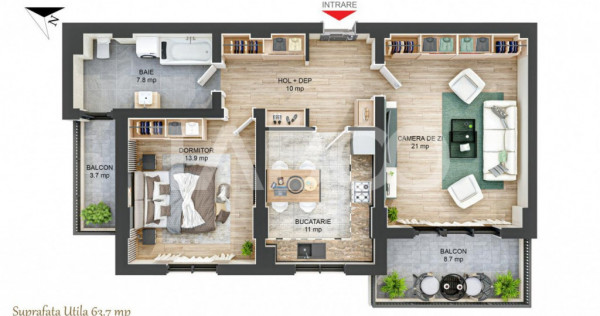 Apartament 64 mpu 2 camere decomandate 2 balcoane in CONSTRU