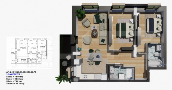 Comision 0% la cumparator! Apartament 3 camere, 81,60 mp, zo