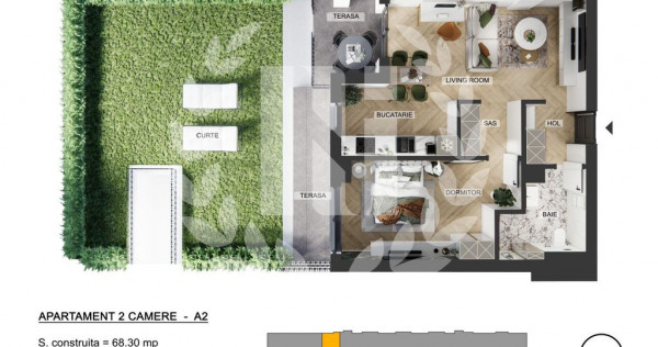 Apartament 2 camere zona de Nord - 58.05 mp utili si curte