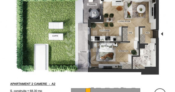Apartament 2 camere zona de Nord - 58.05 mp utili si curte