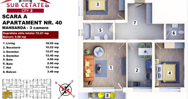 Apartament cu 3 camere decomandat 72 mp + balcon