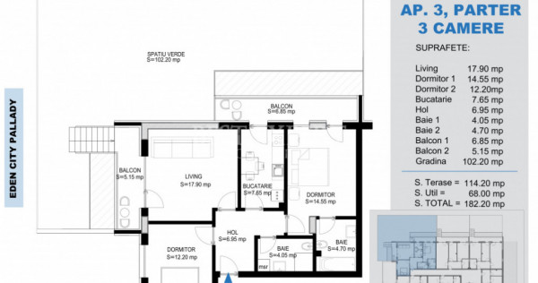 3 Camere cu Gradina -Incalzire Pardoseala