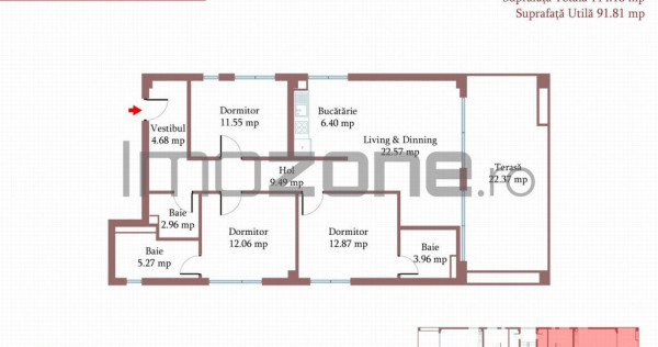 4 camere cu terasa de 22 mp, 3 bai, etaj 1/3, FINISAT MOD...