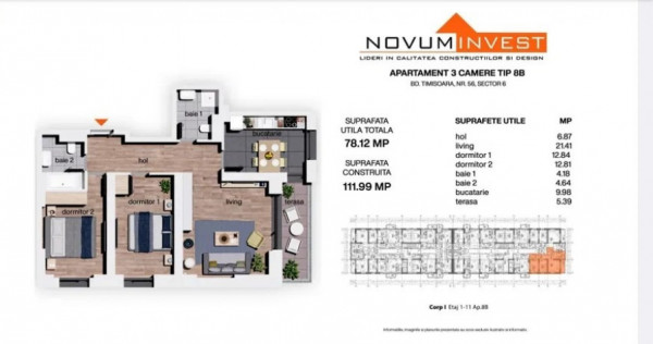3 camere Novum 56, 78mp utili, prima linie la parc, fin. dec. 2026