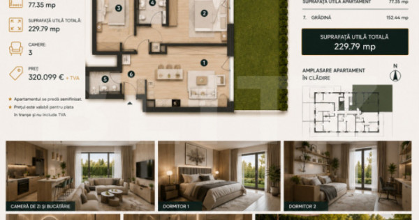 Apartament 3 camere, 77 mp | Standarde nZEB | Ansamblu nou |