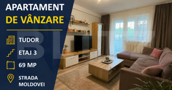 Apartament cu 3 camere de v&acirc;nzare, 69 mp &ndash; Str. Moldovei,