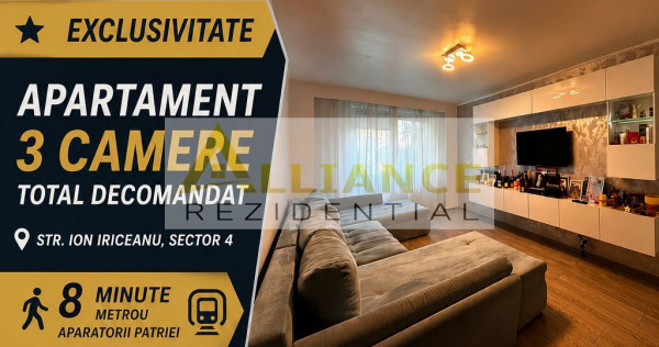EXCLUSIVITATE | 3 Camere Decomandat | 8 Min. Metrou Apara...
