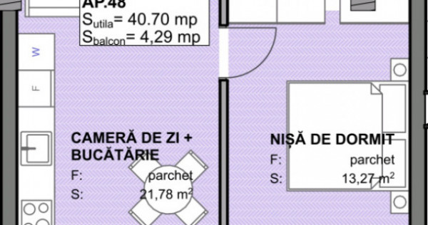 Apartament 2 camere semidecomandat 40.7 mp, Semifinisat, Es