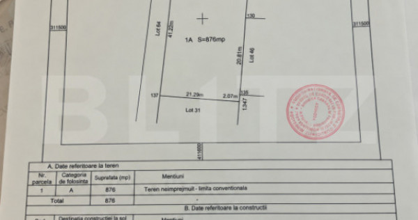 Teren intravilan 876 mp, zona Carcea