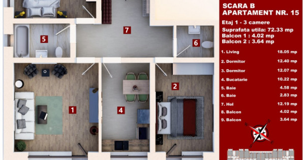 Cel mai mic pret apartament 3 camere, 72 mp utili, etaj 1