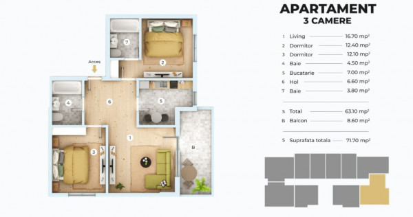 Apartament cu 3 camere - Metrou Berceni - 72 MP