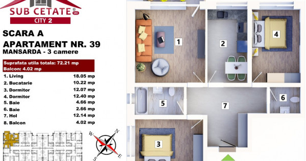 Apartament cu 3 camere decomandat 72 mp + balcon prin credit bancar