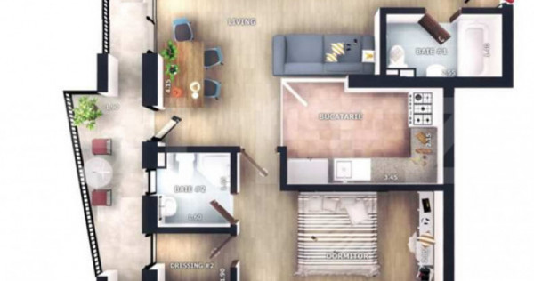 Apartament 2 camere, FINISAT, terasă 19mp, CF, 2 bai, parca