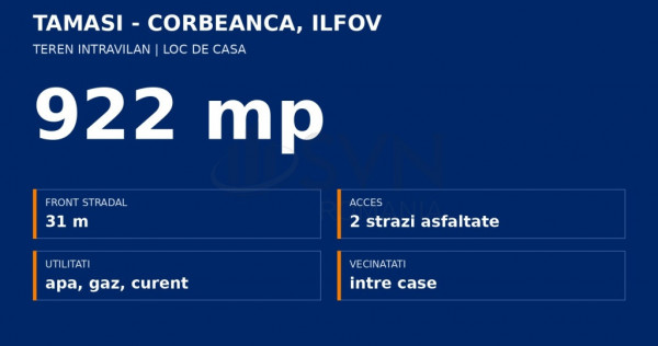 Teren intravilan Tamasi - Corbeanca 922 mp - toate utilit...