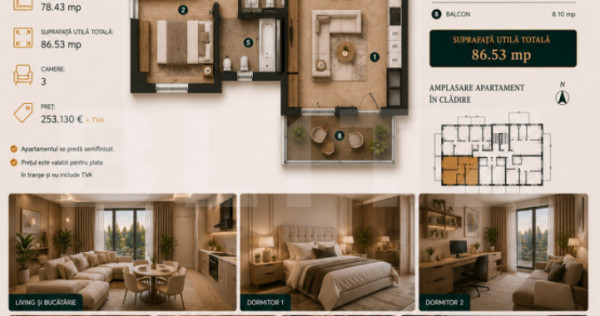 Apartament 3 camere, 78 mp | Standarde nZEB | Ansamblu nou |