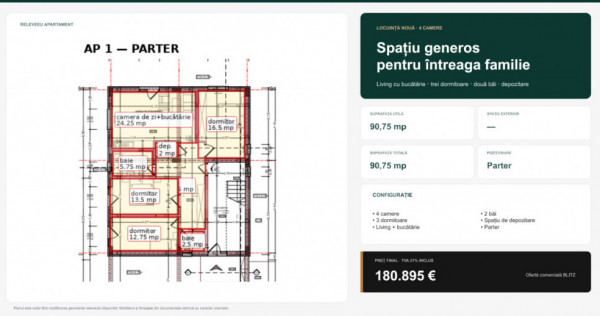 Apartament generos cu 4 camere și două băi, 90,75 mp