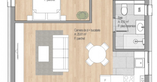 Apartament 2 CAM, SU 44.52 MP, 1 BALCON in zona CETATII