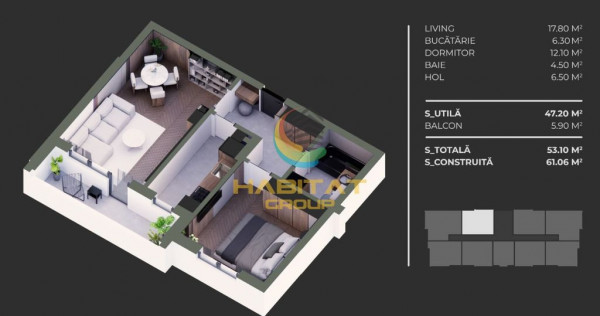 Apartament 2 camere / 53.10 mp / Gata de mutare