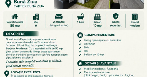 Oportunitate : Apartament 2 Camere | 50 MP | Balcon 10 MP |