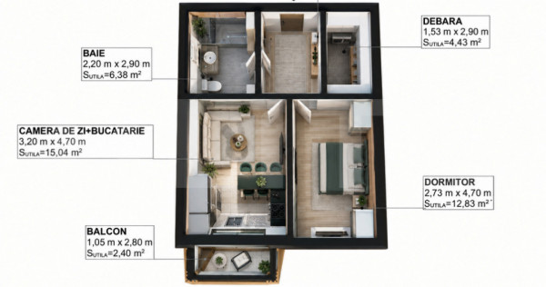 Apartament cu 2 camere, 44.77 mp, zona Libertatii