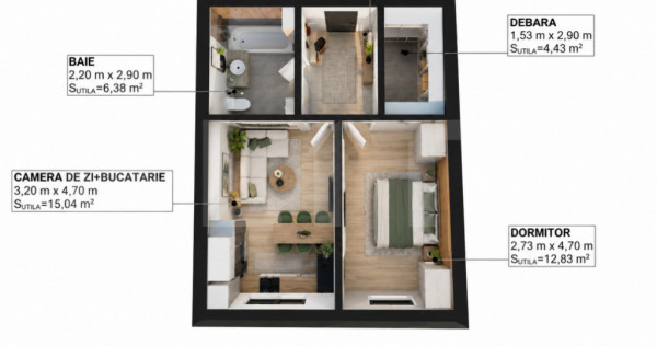 Apartament cu 2 camere, 44.77 mp, zona Libertatii